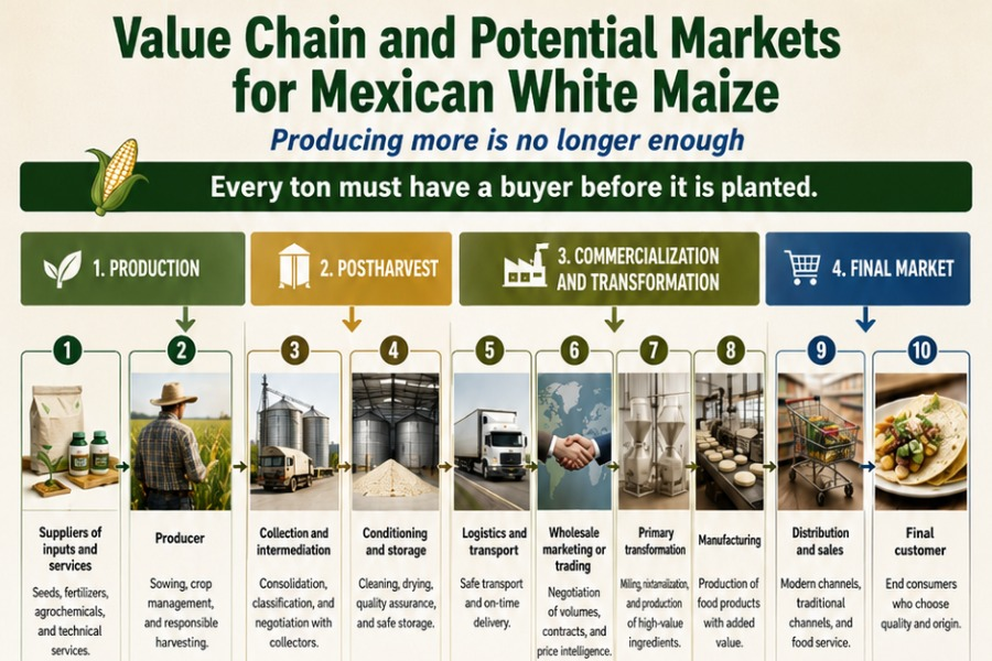 Figure 1: Comprehensive white maize value chain diagram from inputs and production to processing and final consumers.