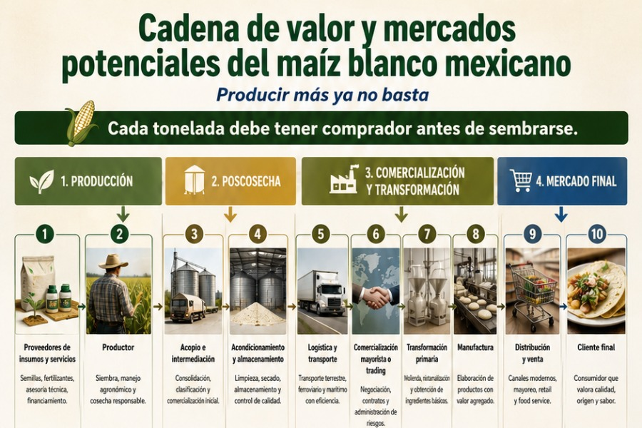 Figura 1: Diagrama de la cadena integral del maíz blanco, mostrando los eslabones desde insumos, producción y acopio hasta transformación y consumidor final.