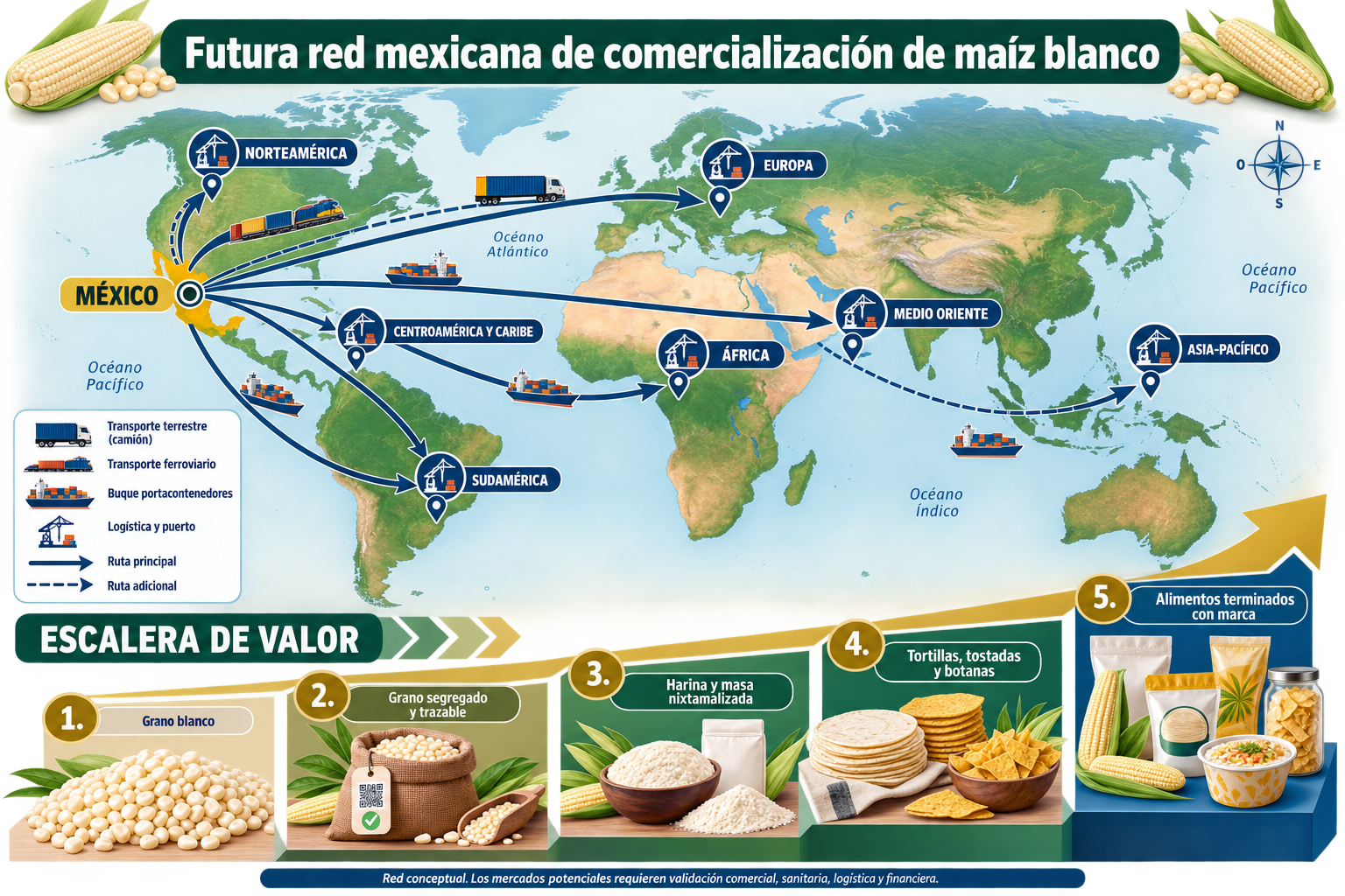 Figura 3: Propuesta de la futura red mexicana de comercialización de maíz blanco, hubs regionales y agregación de valor.