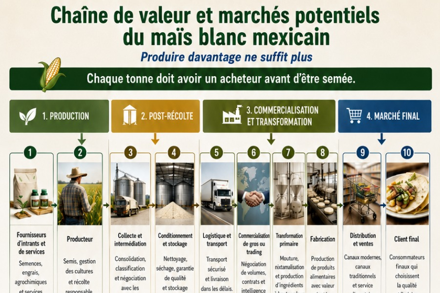 Figure 1 : Schéma de la chaîne de valeur intégrale du maïs blanc, des intrants à la consommation finale.
